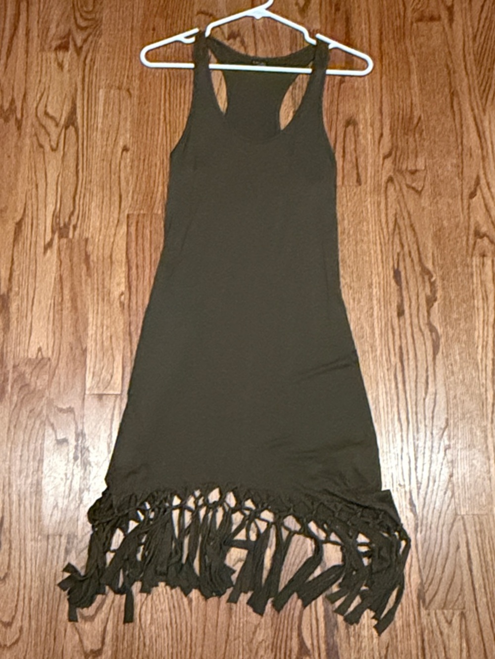 Olive Green Sleeveless Fringe Hem Beach Dress, Size Medium
